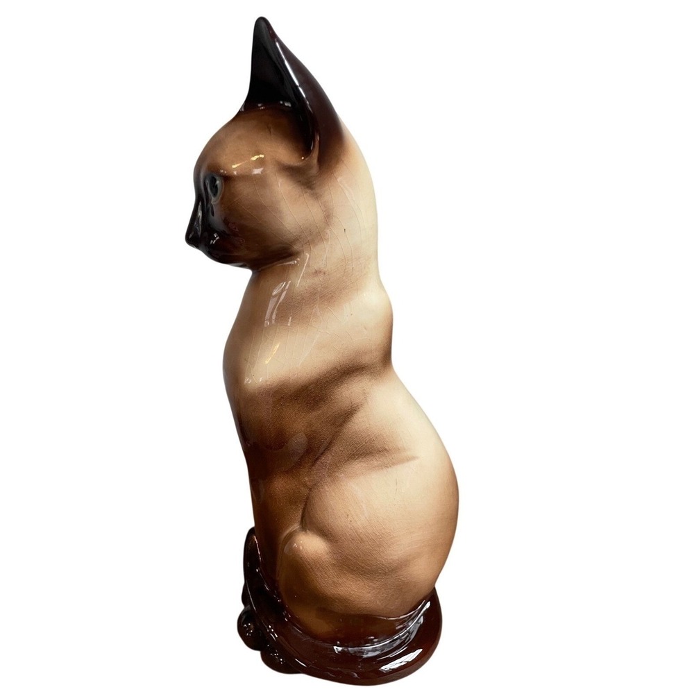 Vintage Ceramic Siamese Cat Figurine Brown Tan Glazed Sitting Tail 11" - Picture 2 of 10